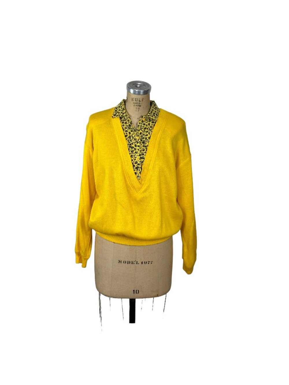 1980s yellow sweatshirt with attached printed blouse by Byer Size M
